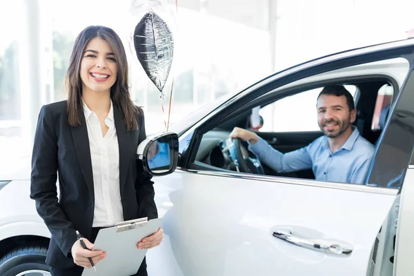 Portrait Gorgeous Sales Consultant Showing New Car Client Dealership — Stock Photo, Image