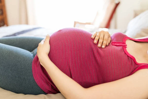 Midsection Expectant Woman Touching Tummy Feel Fetal Movement While Lying — Stock Photo, Image