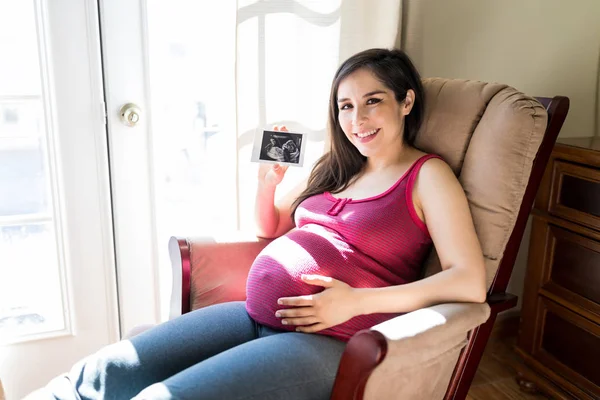 Portrait Pregnant Woman Showing Ultrasound Scan Baby Home — Stock Photo, Image