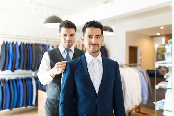 Tailor Taking Back Measurements Good Looking Client Order Make New — Stock Photo, Image