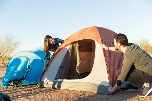 Amusing Young Couple Preparing Tent Enjoy Summer Vacation Sunny Day — Stock Photo, Image