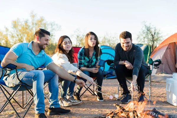 Relaxed Carefree Friends Roasting Tempting Marshmallows While Camping — Stock Photo, Image