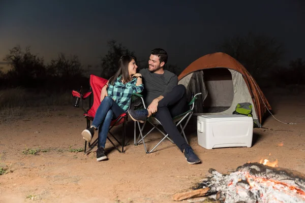 Affectionate Couple Looking Each Other While Relaxing Nature Camping — Stock Photo, Image