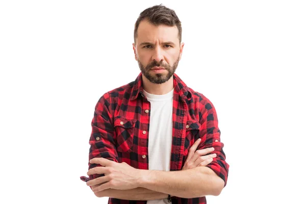Male Hipster Frowning Folding Hands While Standing White Background — Stock Photo, Image