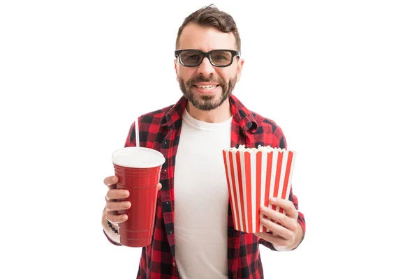 Handsome Happy Man Holding Popcorn Soda While Watching Film Studio — Stock Photo, Image