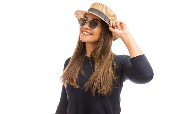 Portrait Cool Woman Long Brown Hair Posing Sunhat Studio — Stock Photo, Image