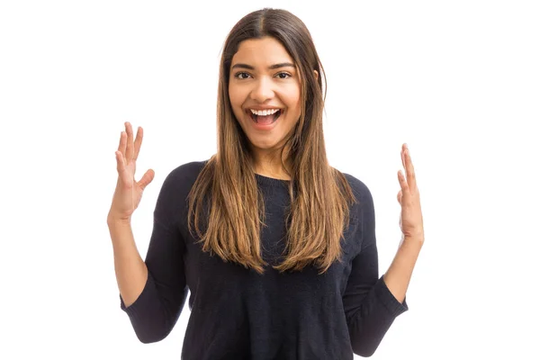 Overly Excited Woman Gesturing Getting News Discount Offers White Background — Stock Photo, Image