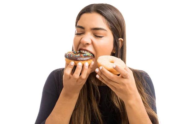 Beautiful Young Woman Eyes Closed Biting Piece Chocolate Donut White — Stock Photo, Image