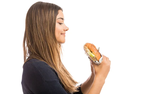 Profile Shot Hungry Latin Woman Ready Have Junk Food White — Stock Photo, Image