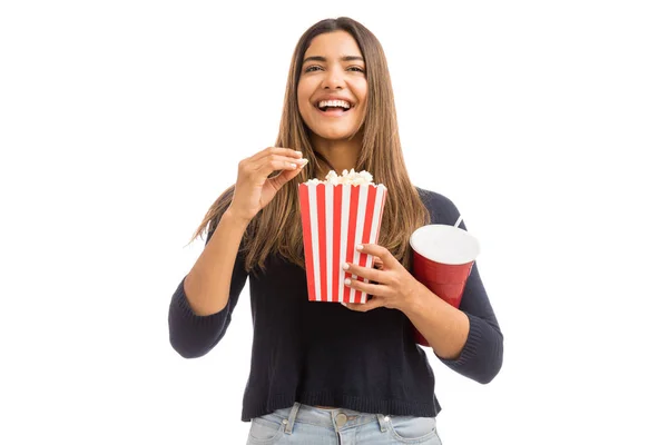 Cheerful Hispanic Woman Watching Comedy Movie While Having Snacks Plain — Stock Photo, Image