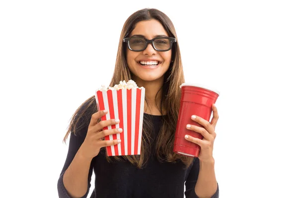 Portrait Beautiful Woman Enjoying Popcorn Beverage While Watching Movie — Stock Photo, Image