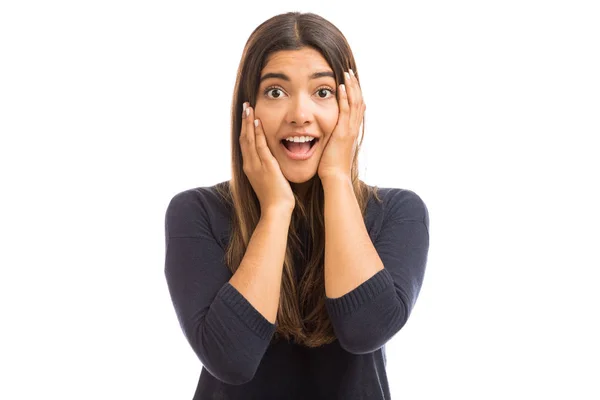 Surprised Gorgeous Woman Hands Face White Background — Stock Photo, Image