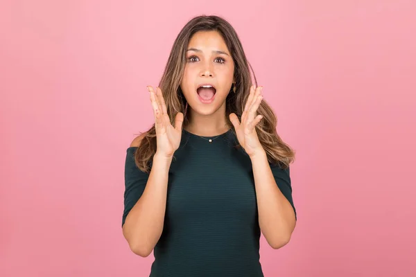 Young Woman Surprised Facial Expression Gesturing Pink Background — 스톡 사진