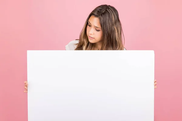 Cute Woman Looking Poster Showing Concept Advertisement Pink Background — Stock Photo, Image