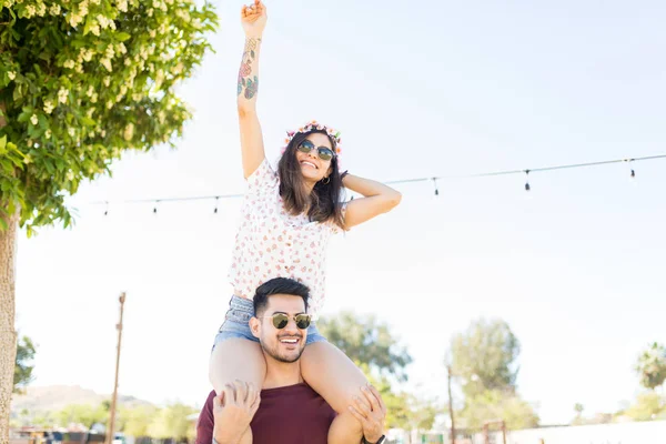 Attractive Woman Dancing Music While Sitting Shoulders Boyfriend Outdoor Party — Stock Photo, Image