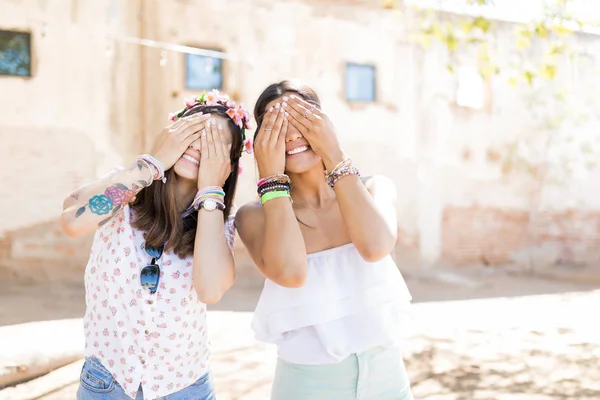 Funny Cute Women Covering Eyes Hands While Hanging Out City — Stock Photo, Image