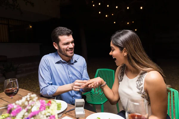 Smiling Young Man Surprising Woman Engagement Ring Backyard Party — Stock Photo, Image