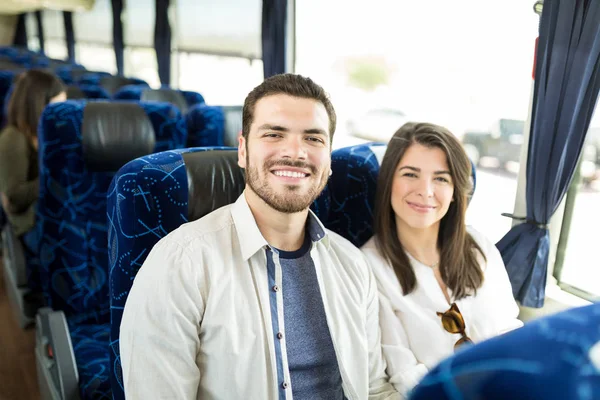 Good Looking Man Woman Smiling While Sitting Travel Bus — Stock Photo, Image