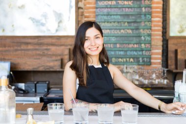 Barda lezzetli kokteyller sunan gülümseyen genç barmen
