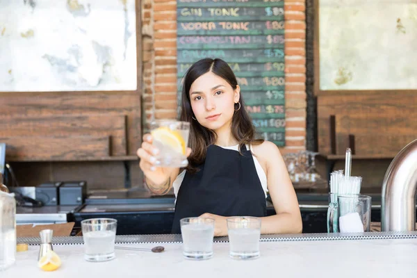 Confident Latin Bartender Serving Amazing Cocktail Counter Restaurant — Stock Photo, Image