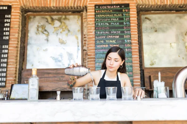 Latin Barmaid Pouring Alcoholic Drink Glasses Bar Counter Restaurant — Stock Photo, Image