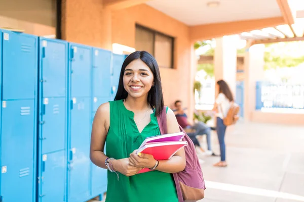 Portrait Hispanic Girl Books Backpack School Hallway — Stock Photo, Image