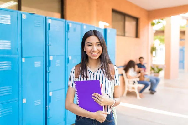 Beautiful College Student Smiling While Holding Books Hallway — Stock Photo, Image
