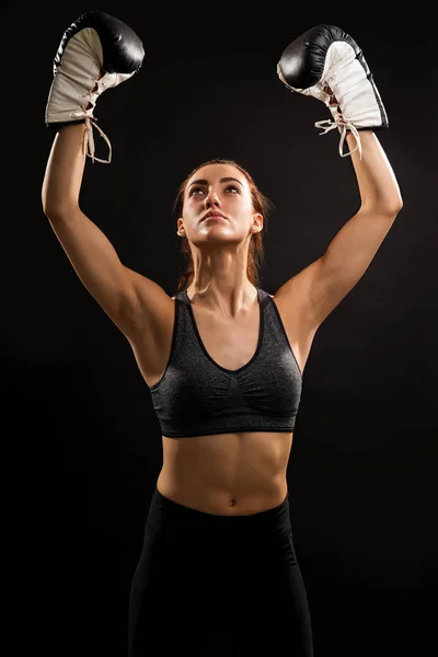 Confident Female Boxer Standing Arms Raised Black Background — Stock Photo, Image