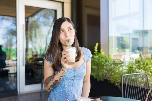 Thoughtful Young Woman Drinking Coffee Cafe — Stock Photo, Image