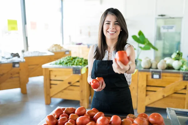 Hermosa Sonriente Vendedor Medio Adulto Introduciendo Jugosos Tomates Rojos Mercado —  Fotos de Stock