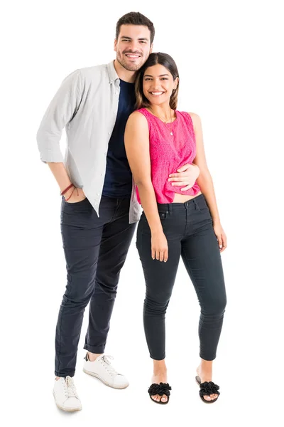 Full Length Smiling Fashionable Couple Standing Together White Background — Stock Photo, Image