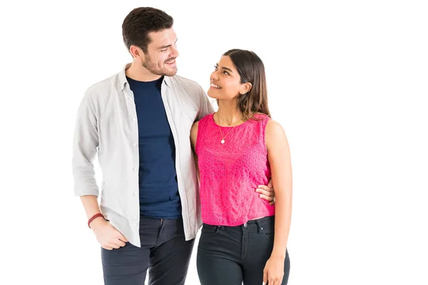 Smiling Young Fashionable Latin Couple Looking Each Other While Standing — Stock Photo, Image