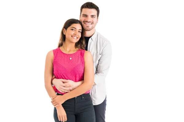 Portrait Smiling Handsome Man Embracing Beautiful Happy Woman White Background — Stock Photo, Image