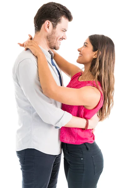 Side View Happy Man Woman Standing While Looking Each Other — Stock Photo, Image