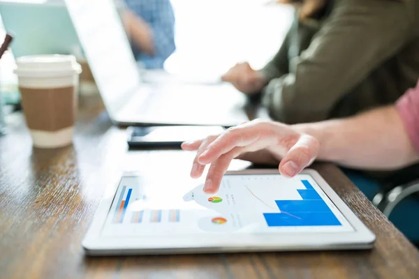 Male Executive Analyzing Graphs Digital Tablet Desk Coworking Space — Stock Photo, Image