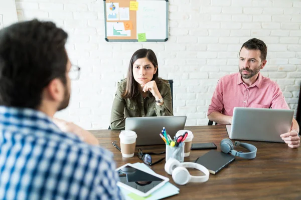 Male Executive Giving Presentation Young Coworkers Board Room Office — Stock Photo, Image