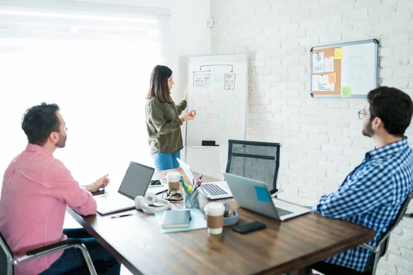 Berufstätige Frau Erklärt Kollegen Während Vorstandssitzung Businessplan — Stockfoto