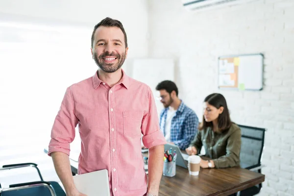 Portrait Smiling Male Entrepreneur Team Background Office Conference Room — Stock Photo, Image