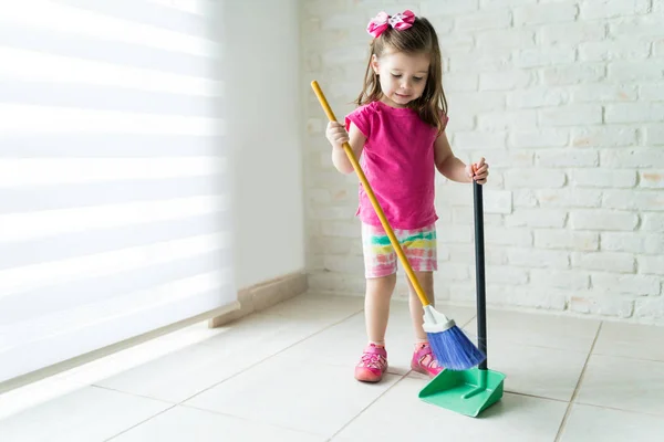 Little Female Kid Cleaning Living Room Broom Home — Stock Photo, Image