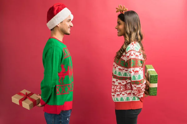Side View Smiling Young Lovely Couple Hiding Gifts Partners While — Stock Photo, Image
