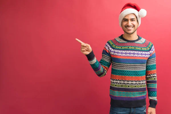 Confident Attractive Latin Male Smiling Pointing Copy Space Isolated Studio — Stock Photo, Image