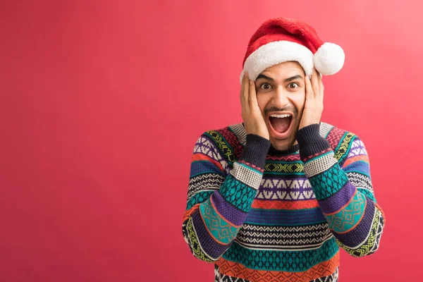 Portrait Surprised Young Latin Man Mouth Open Isolated Red Background — Stock Photo, Image