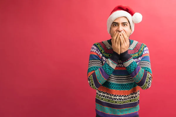 Shocked Handsome Male Covering Mouth Hands While Making Eye Contact — Stock Photo, Image