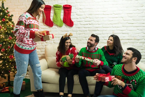 Excited Friends Surprise Gifts Home Christmas Celebrations — Stock Photo, Image