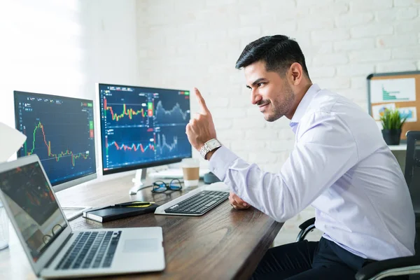 Successful Young Attractive Male Finance Professional Excited Profitable Company While — Stock Photo, Image
