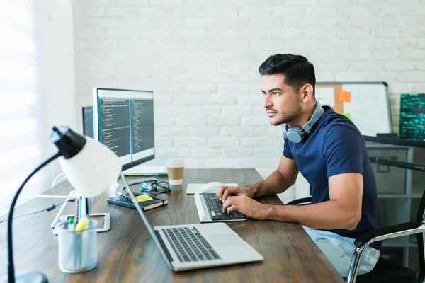 Handsome Young Male Programmer Coding While Typing Computer Keyboard Desk — Stock Photo, Image