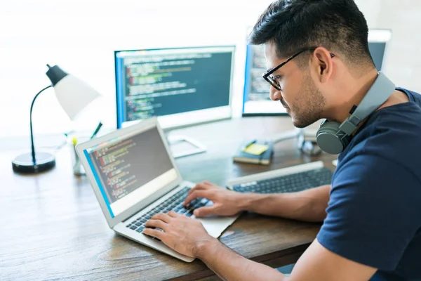 Side View Attractive Hispanic Developer Programming Software Using Computer While — Stock Photo, Image