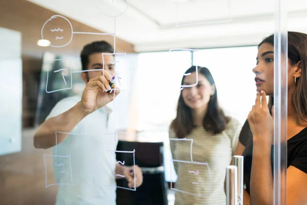 Compañeras Trabajo Escuchando Diagrama Dibujo Hombre Negocios Sobre Vidrio Oficina — Foto de Stock