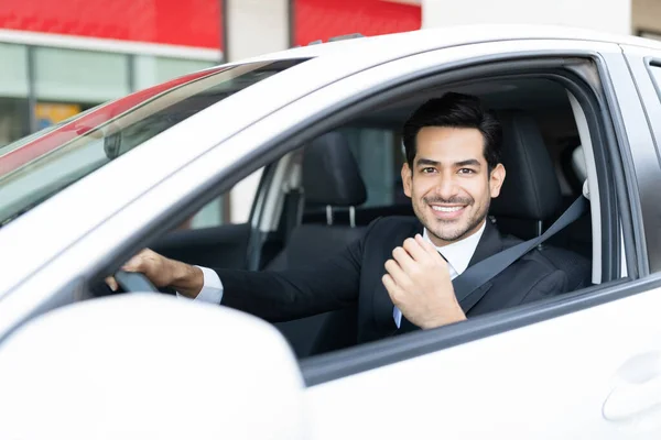 Smiling Hispanic Young Businessman Driving Car City — Stock Photo, Image