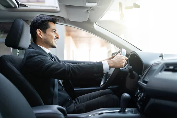 Side View Confident Young Businessman Driving Car City — Stock Photo, Image